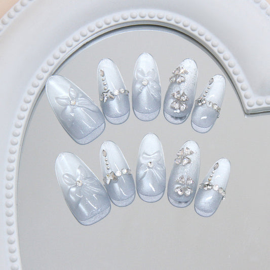 Elegant Serenity Long Oval Silver Press-On Nail Set with Sparkling Embellishments