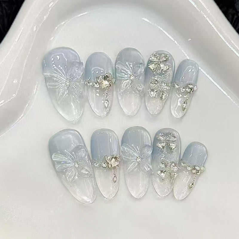 Mystical Garden Elegant Long Almond Shimmering Translucent Blue Floral Press-On Nail Set with Dazzling Rhinestones