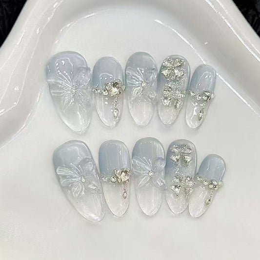 Mystical Garden Elegant Long Almond Shimmering Translucent Blue Floral Press-On Nail Set with Dazzling Rhinestones