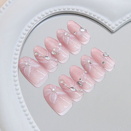 Enchanted Garden Long Almond Pink Press On Nail Set with Floral Accents and Gem Embellishments