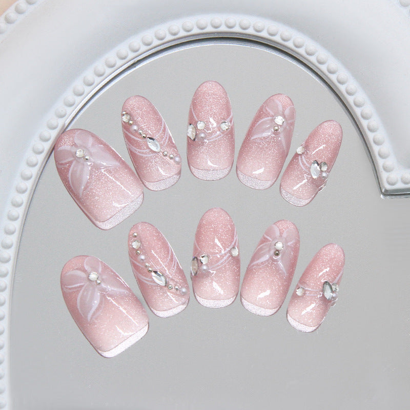 Enchanted Garden Long Almond Pink Glittering Press On Nail Set with Unique Floral Accents
