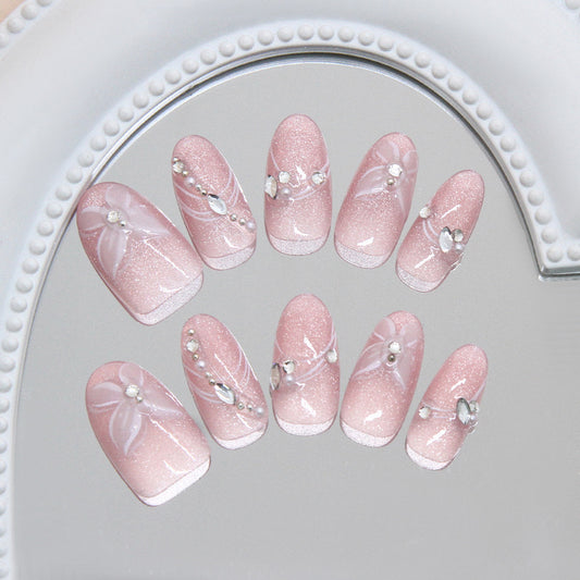Enchanted Garden Long Almond Pink Glittering Press On Nail Set with Unique Floral Accents