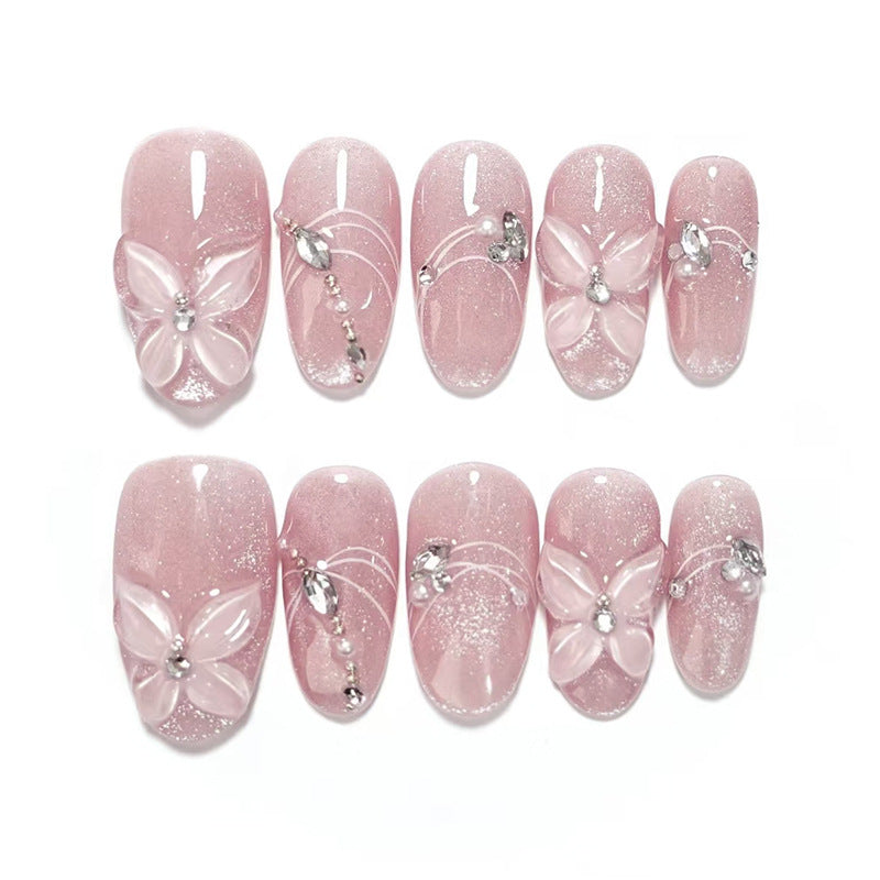 Whimsical Blossom Long Almond Pink Press-On Nail Set with Glittering Butterfly Accents