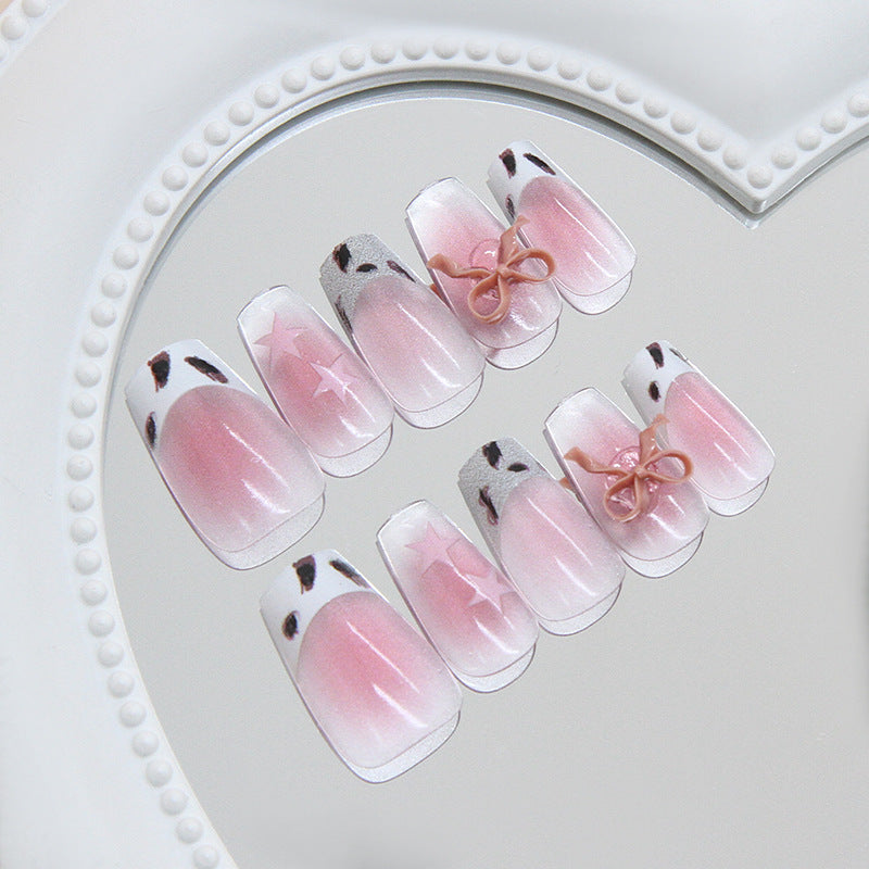 Charming Ballet Inspired Medium Coffin Pink Ombre Press On Nail Set with Elegant Bow Accents