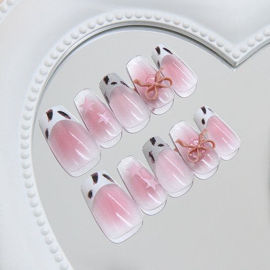 Charming Ballet Inspired Medium Coffin Pink Ombre Press On Nail Set with Elegant Bow Accents