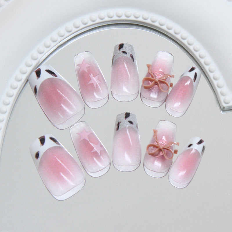 Whimsical Dream Pink Long Coffin Gradient Press On Nail Set with Charming Bow and Star Accents
