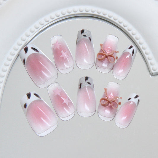 Whimsical Dream Pink Long Coffin Gradient Press On Nail Set with Charming Bow and Star Accents