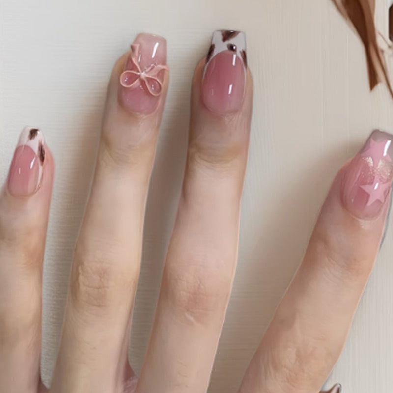 Whimsical Romance Long SquareSoft Pink with Charming Bow and Star Accents Press on Nail Set