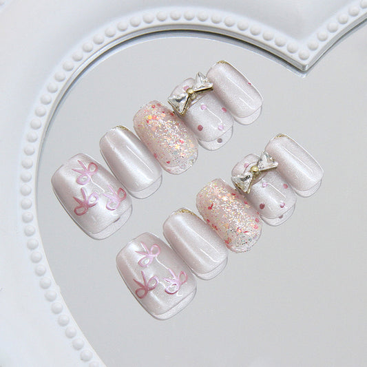 Charming Elegance Short Square Blush Pink Glitter Design with Cute Bow Accents Press-On Nail Set