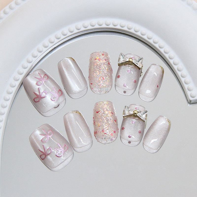 Charming Elegance Short Square Light Pink with Sparkling Glitter and Bow Accent Press On Nail Set