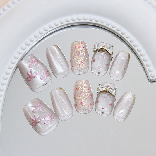 Charming Elegance Short Square Light Pink with Sparkling Glitter and Bow Accent Press On Nail Set