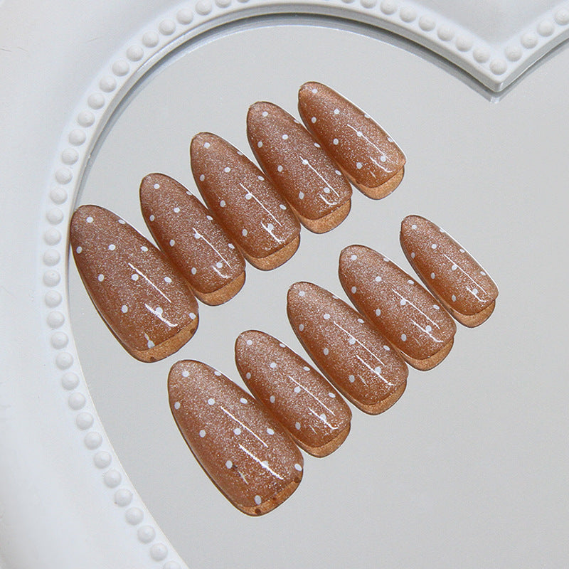 Glamorous Sunset Shimmer Long Almond Brown Glittery Press On Nail Set with Charming White Dots