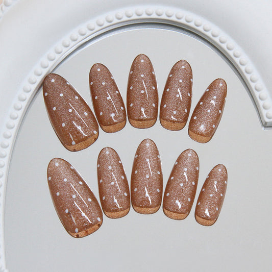 Glistening Cocoa Enchantment Long Almond Shaped Shimmering Brown Press On Nail Set with Charming White Dots