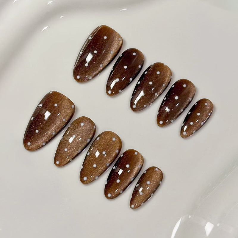 Coffeehouse Charm Elegant Long Almond and Coffin Shaped Brown Glossy Press On Nail Set with Whimsical White Dots