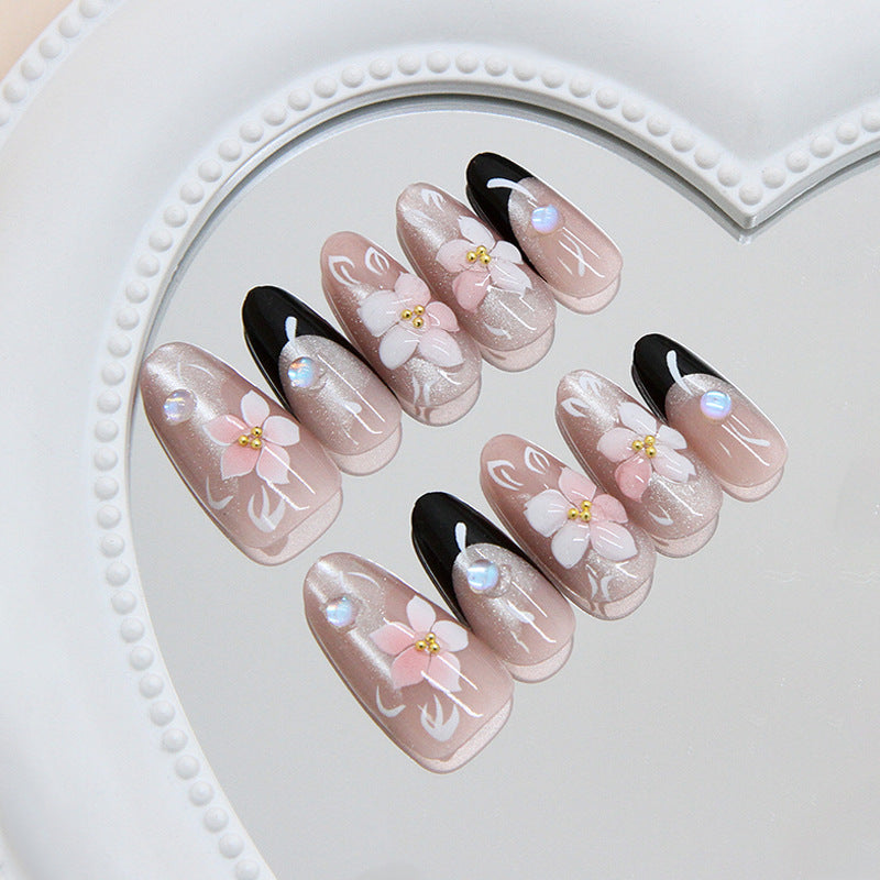 Blossom Fantasy Long Almond Pink and Black Floral Press On Nail Set with Iridescent Gems