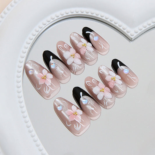 Blossom Fantasy Long Almond Pink and Black Floral Press On Nail Set with Iridescent Gems