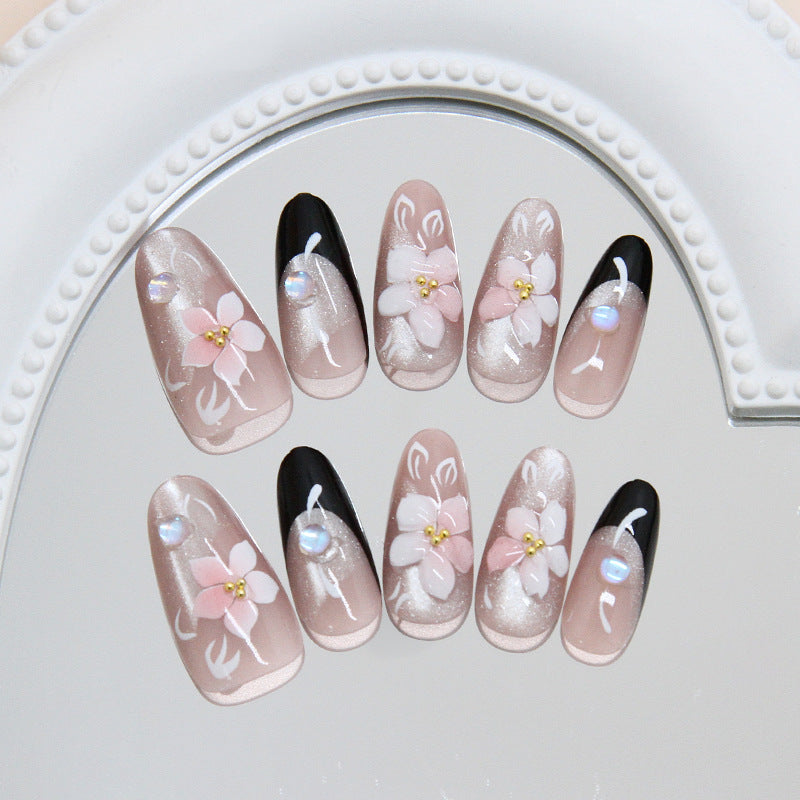 Blossom Elegance Long Almond Pink and Black Floral Press-On Nail Set with Pearlescent Accents