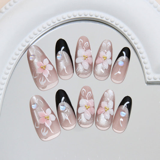 Blossom Elegance Long Almond Pink and Black Floral Press-On Nail Set with Pearlescent Accents
