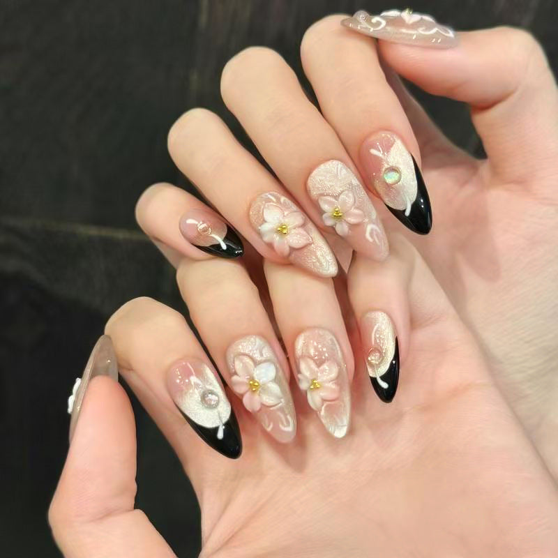 Charming Blossom Elegant Long Almond Pink and Black with Floral Embellishments Press-On Nail Set