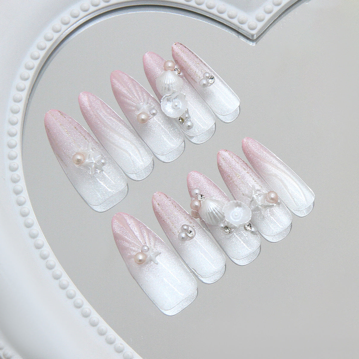 Seaside Elegance Long Almond Pink Ombre Press On Nail Set with Pearls and Starfish Accents