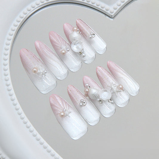 Seaside Elegance Long Almond Pink Ombre Press On Nail Set with Pearls and Starfish Accents