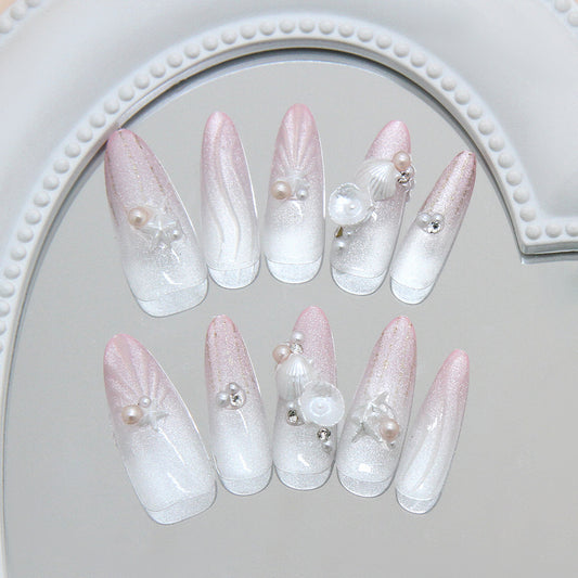 Ocean Breeze Glamour Long Stiletto Ombre White and Pink Press-On Nail Set with Pearl and Shell Accents