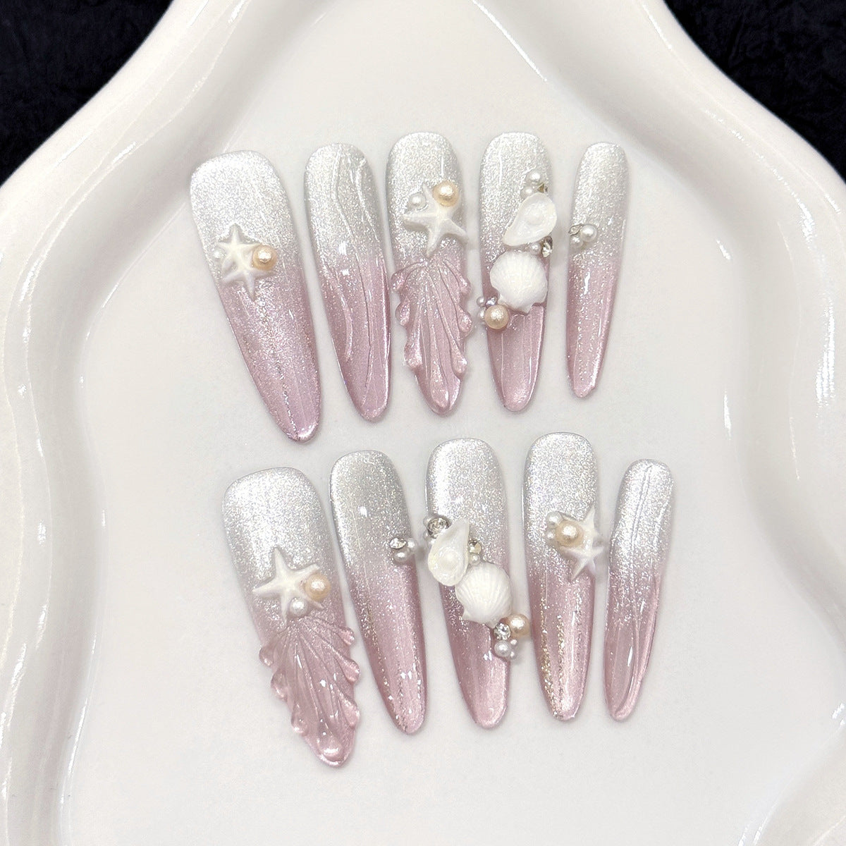 Ocean Bliss Long Stiletto Press-On Nails in Shimmery Pink and Silver with Pearl and Seashell Accents