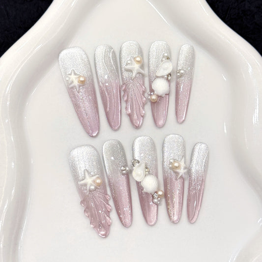 Ocean Bliss Long Stiletto Press-On Nails in Shimmery Pink and Silver with Pearl and Seashell Accents