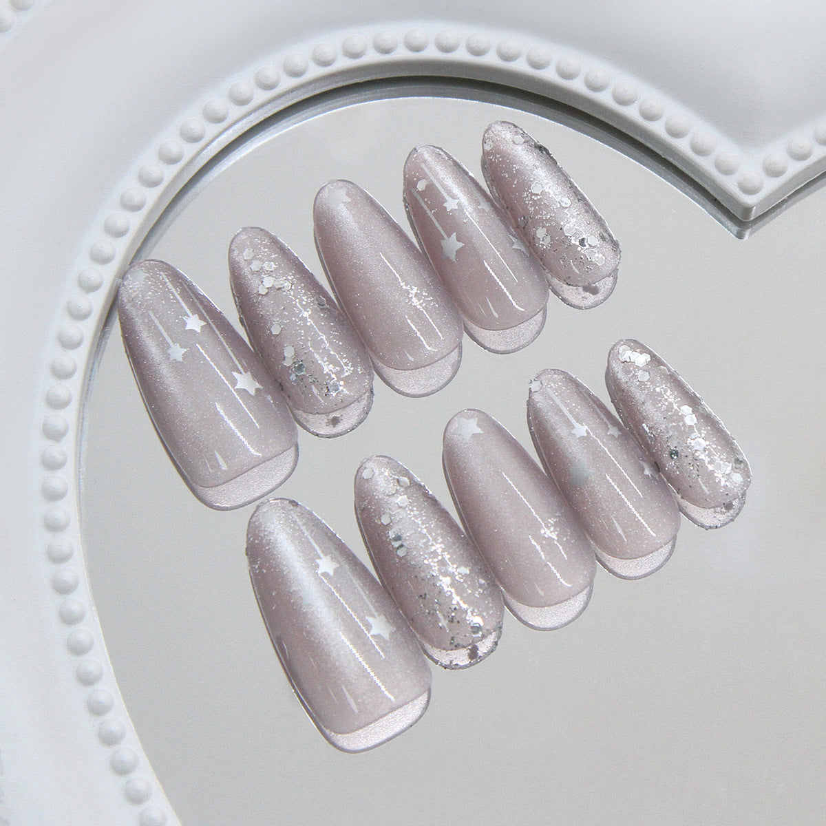 Celestial Dream Press On Nail Set Long Almond Shimmering Pale Pink with Starry Glitter Accents