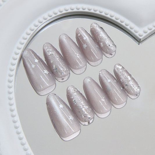 Celestial Dream Press On Nail Set Long Almond Shimmering Pale Pink with Starry Glitter Accents