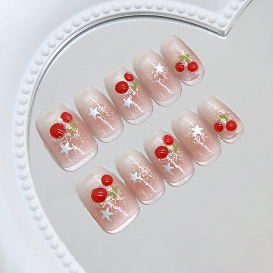 Cherry Blossom Dream Press-On Nails Short Square Blush Pink with Glossy Cherry and Star Accents