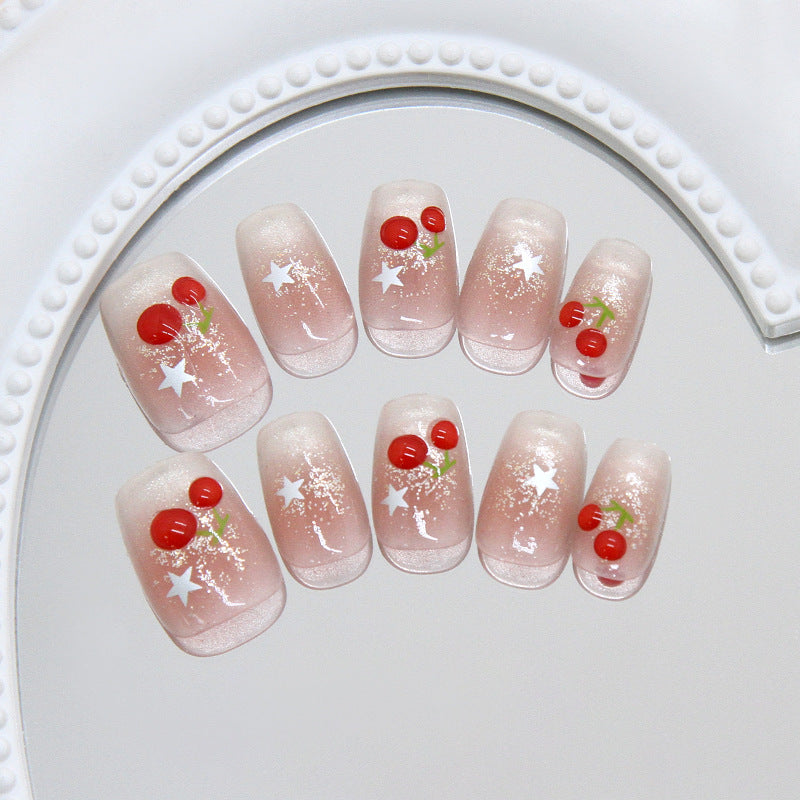 Cherry Blossom Delight Medium Square Pink Press On Nail Set with Glittering Cherry and Star Accents