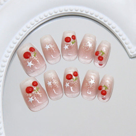 Cherry Blossom Delight Medium Square Pink Press On Nail Set with Glittering Cherry and Star Accents