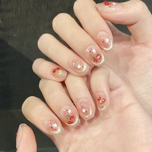 Festive Elegance Medium Square Transparent with Glitter and Berry Accents Press On Nail Set