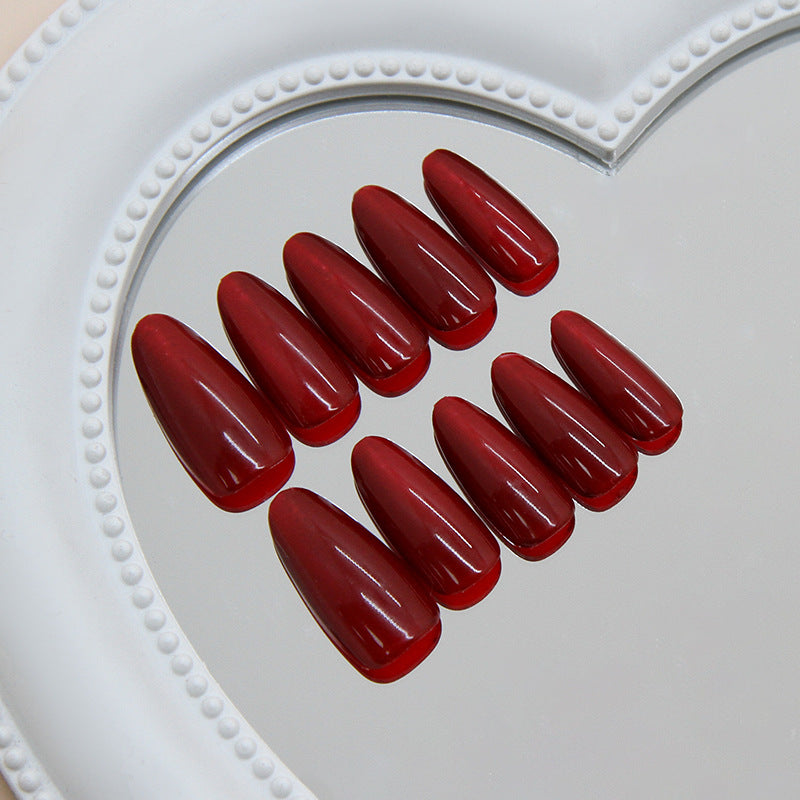 Glamorous Elegance Long Almond Shaped Deep Red Press On Nail Set with High Gloss Finish