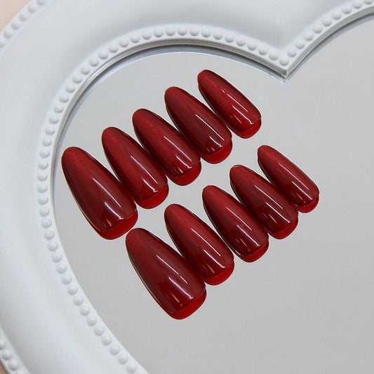Glamorous Elegance Long Almond Shaped Deep Red Press On Nail Set with High Gloss Finish