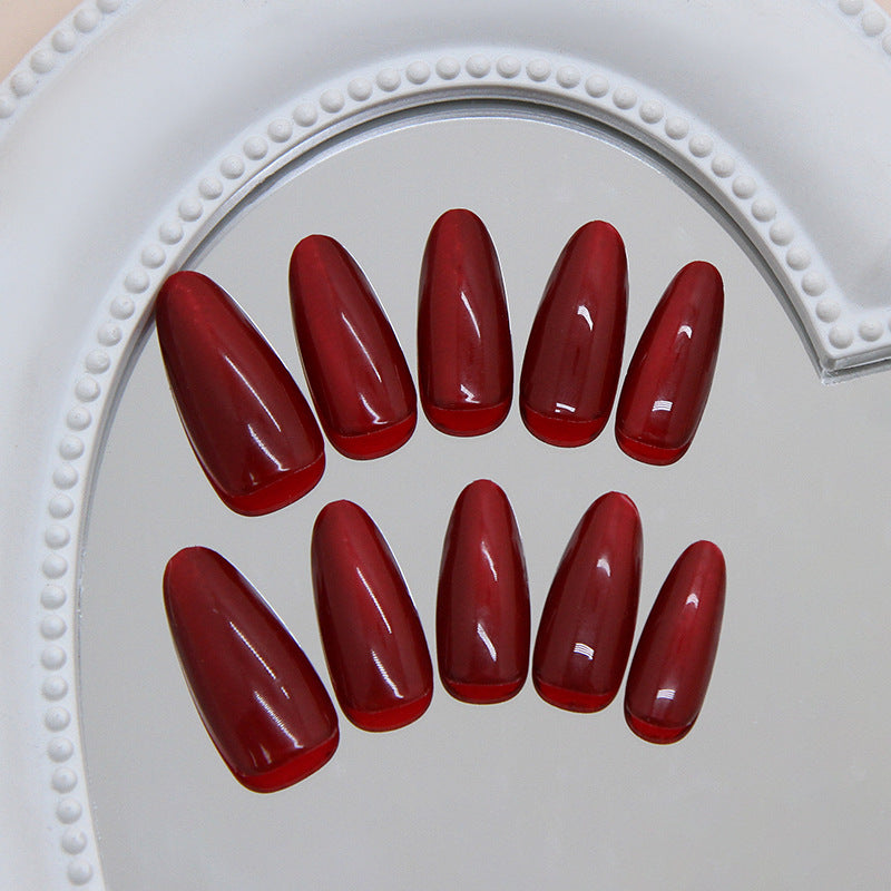 Mystical Elegance Long Almond Shaped Glossy Deep Red Press On Nail Set with Stunning High Shine Finish