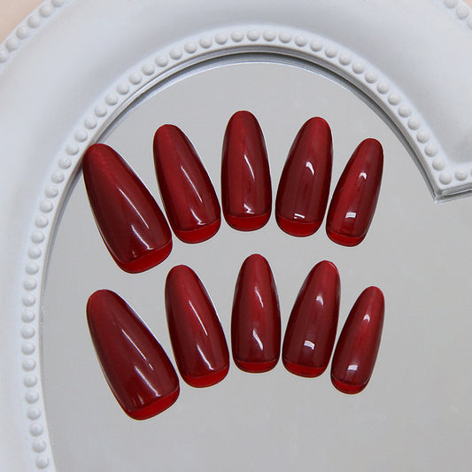 Mystical Elegance Long Almond Shaped Glossy Deep Red Press On Nail Set with Stunning High Shine Finish
