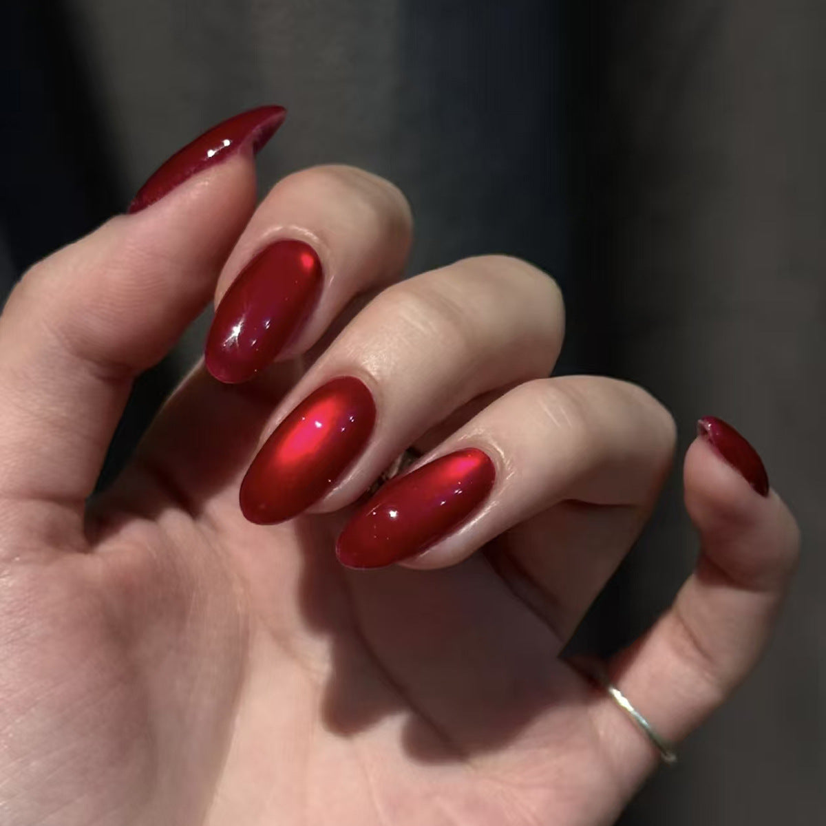 Glamorous Elegance Long Almond Red Press On Nail Set with Shimmering Finish