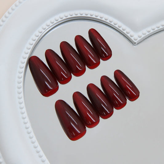 Gothic Elegance Long Almond Shaped Deep Red Press On Nail Set with Glossy Finish