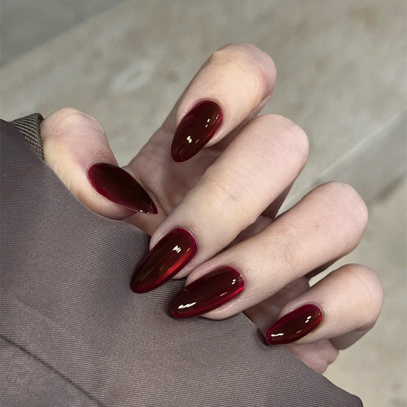 Gothic Elegance Glossy Long Almond Shaped Deep Red Nail Press Set with Stunning Mirror Finish