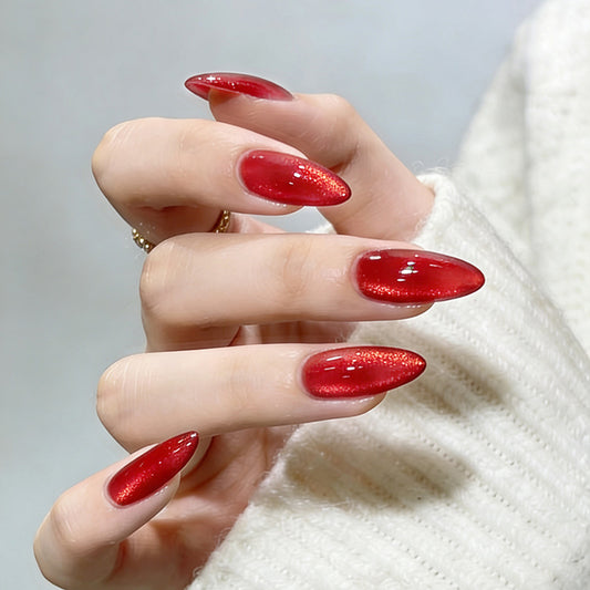 Enchanting Elegance Long Almond Shaped Shimmering Red Press On Nail Set