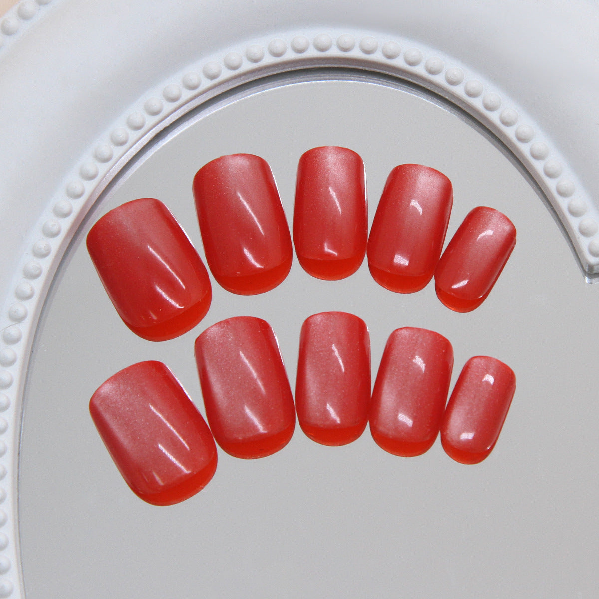 Charming Coral Dream Short Square Press On Nail Set Featuring Iridescent Finish