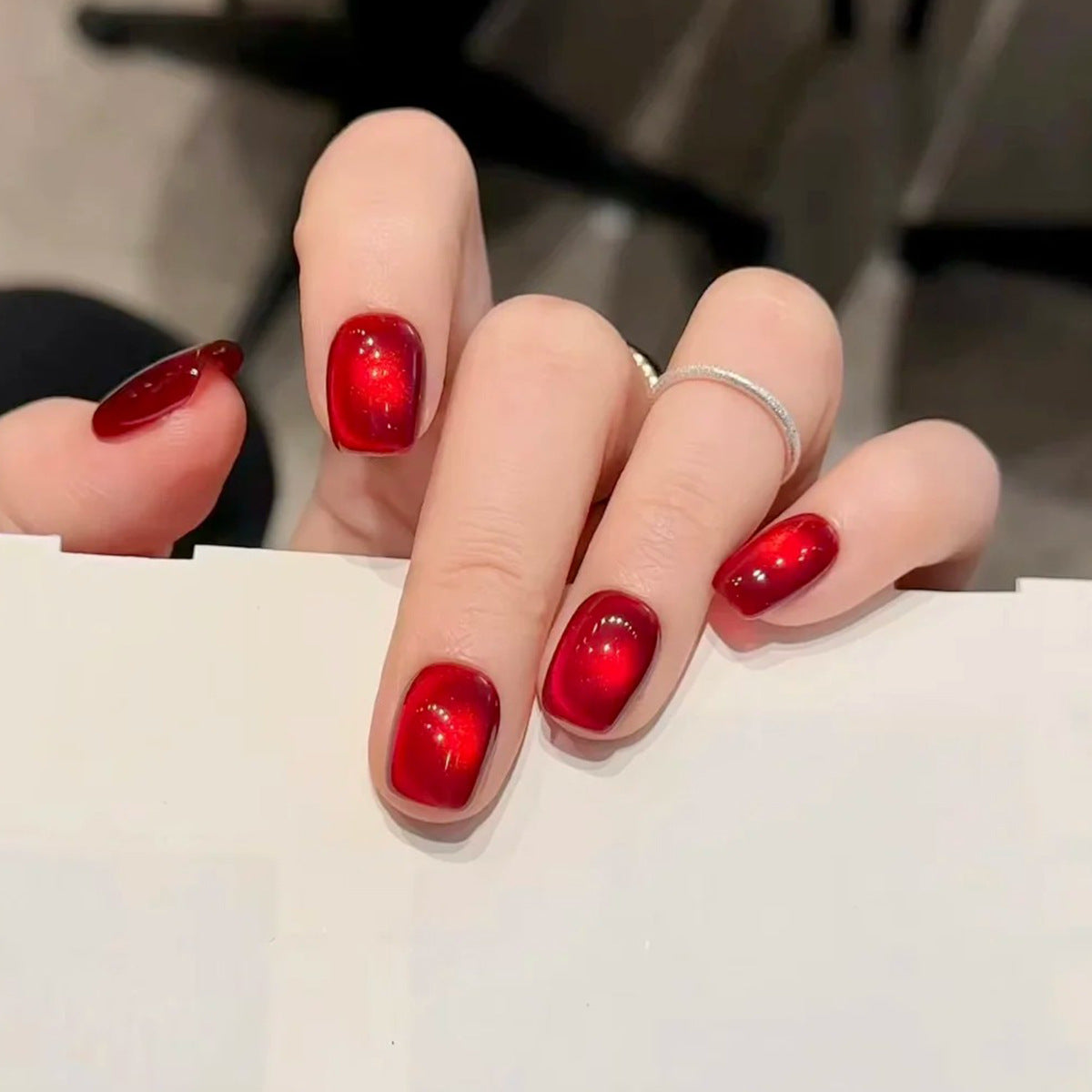 Glamorous Romance Short Square Cherry Red Glossy Nail Set with Starry Reflection