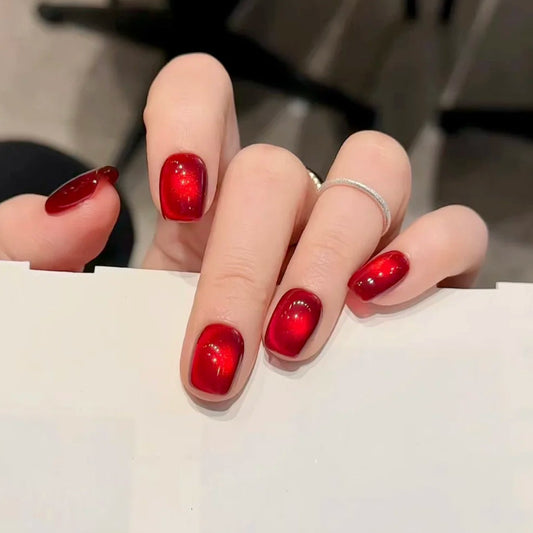 Glamorous Romance Short Square Cherry Red Glossy Nail Set with Starry Reflection