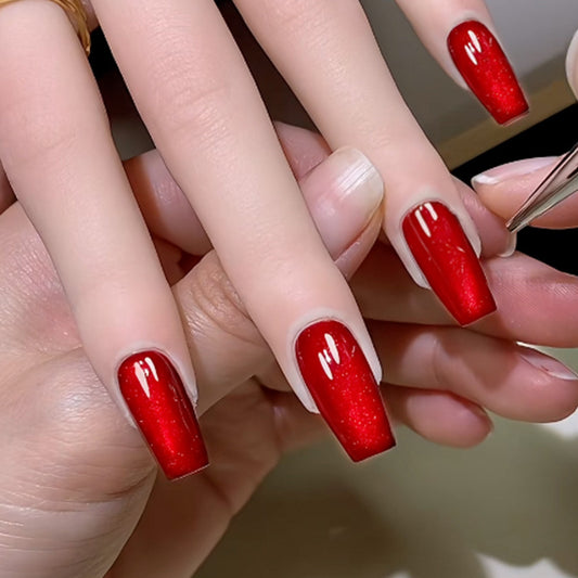 Glamorous Evening Elegance Long Coffin Red Shimmering Nail Set