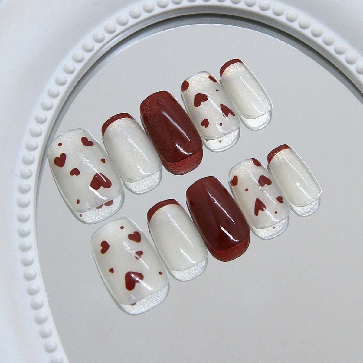 Romantic Heartfelt Square Medium Lasting Press On Nail Set in White and Red with Charming Heart Accents
