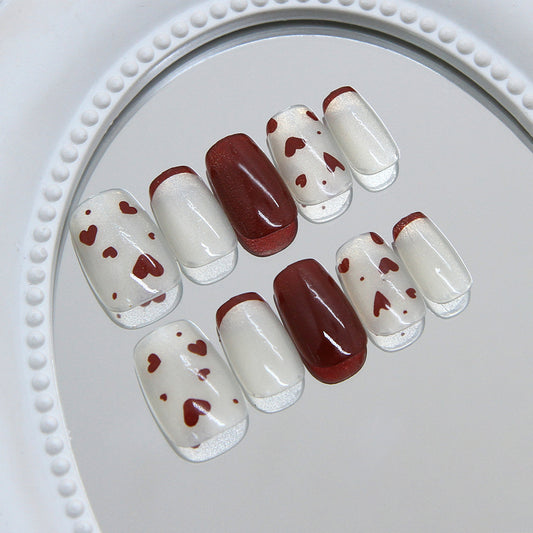 Romantic Heartfelt Square Medium Lasting Press On Nail Set in White and Red with Charming Heart Accents