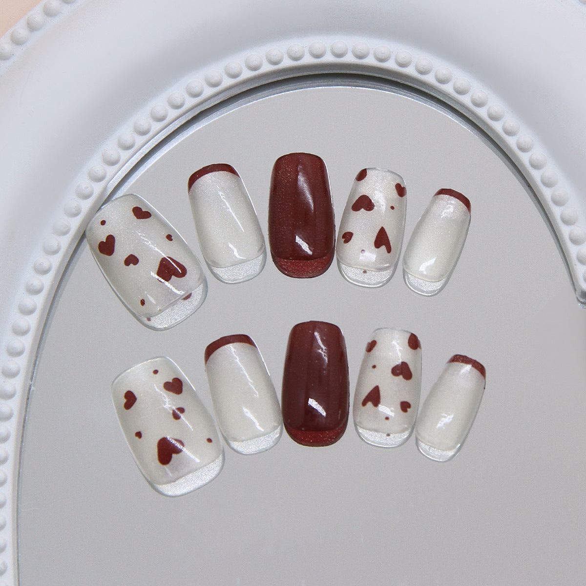 Romantic Heartfelt Medium Square White and Burgundy Nail Set with Charming Heart Accents
