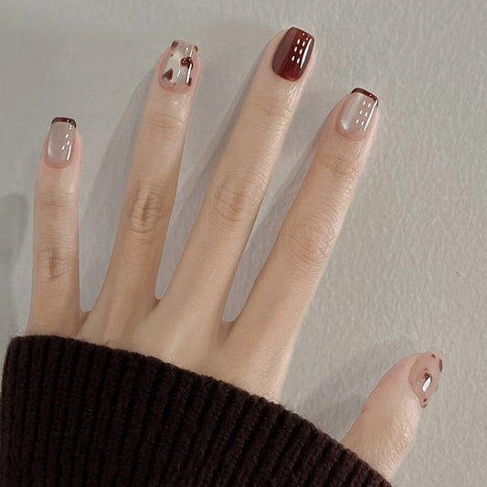Charming Autumn Inspired Medium Square Shape Light Brown and Burgundy Gradient with Dazzling Accent Detail Press On Nail Set
